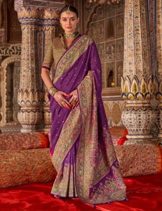 Regal purple silk saree accented with fine zari detailing