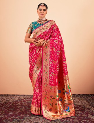 Classic red paithani silk saree with ornate golden weave