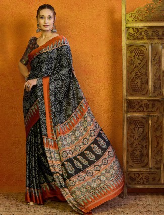 Black printed bhagalpuri silk saree for festive wear