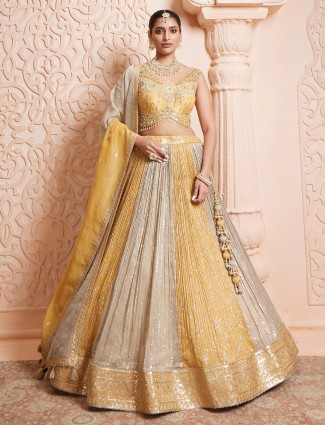 Dusty yellow tissue lehenga choli with set