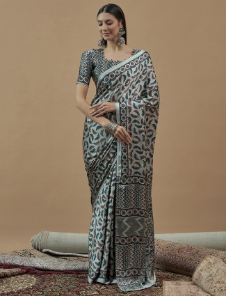 Mint blue japan satin printed saree
