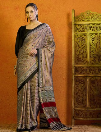 Brown bhagalpuri silk saree with decorative prints