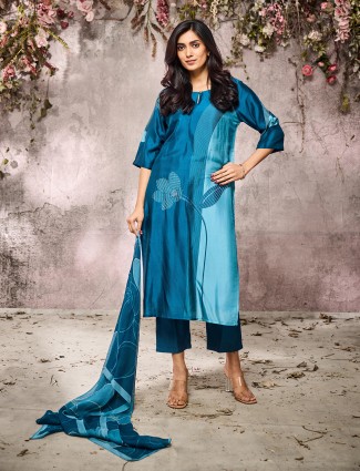 Blue silk printed kurti set with dupatta