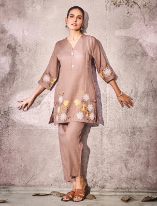 Brown cotton kurti set with embroidery
