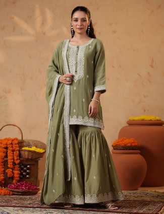 Olive radiance embroidered silk pakistani sharara set