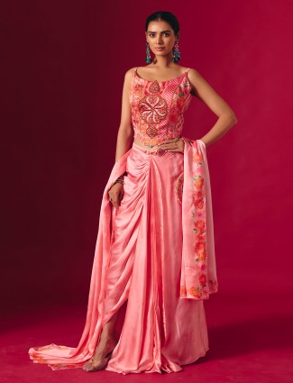 Pink satin silk indo western partywear suit set