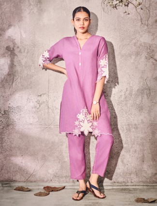 Purple cotton casual wear kurti set
