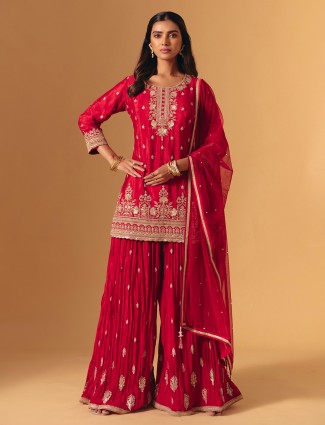 Red silk zardosi work pakistani palazzo ensemble