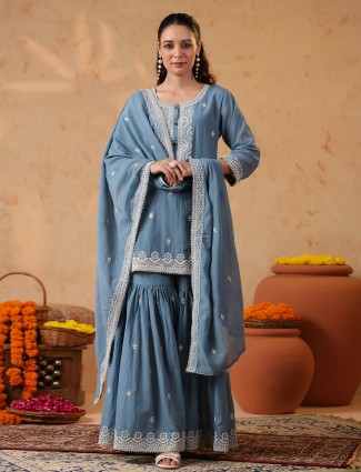 Stone blue elegance gota embroidered silk sharara set