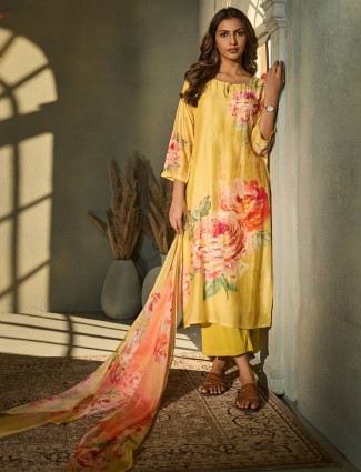 Yellow silk festive kurti set with dupatta for women