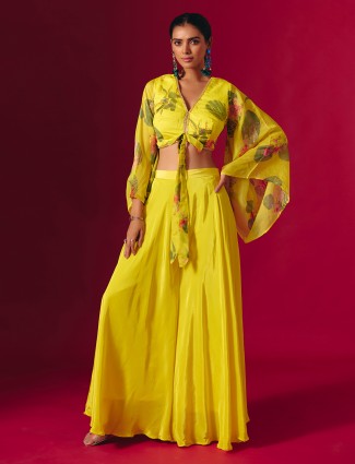 Yellow satin silk printed haldi palazzo suit