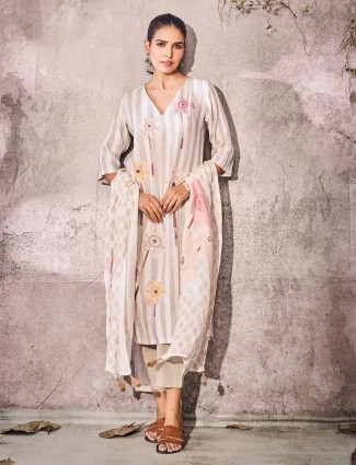 Beige and white printed kurti set for women