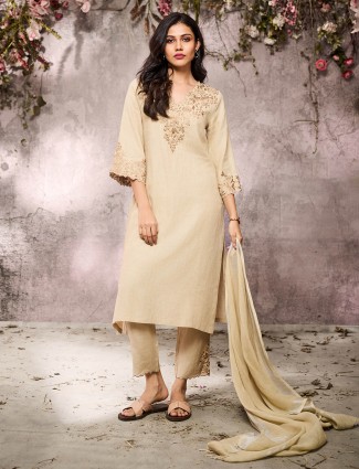 Beige cotton festive kurti set