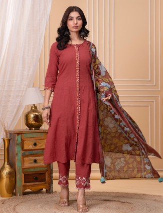 Brown linen straight embroidered suit with dupatta