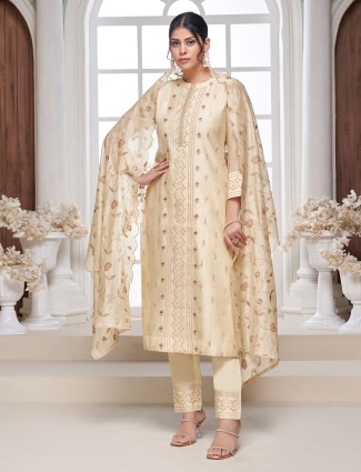 Cream linen embroidered suit with dupatta for celebrations