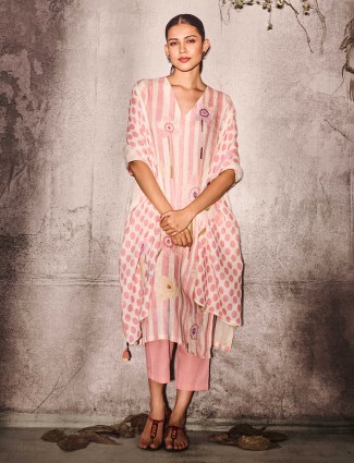 Pink and white cotton kurti set with dupatta