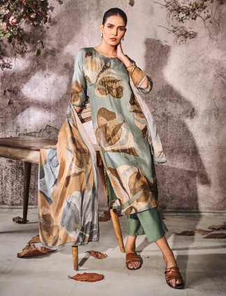 Pista green printed silk kurti set for women