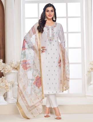 White cotton silk embroidered suit with dupatta