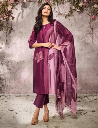 Wine festive printed silk kurti set