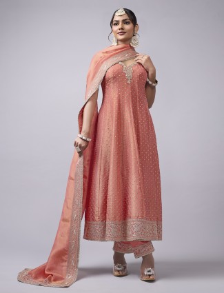 Peach silk anarkali suit for festive occasions