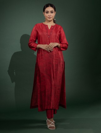 Red printed silk festive kurti set for women