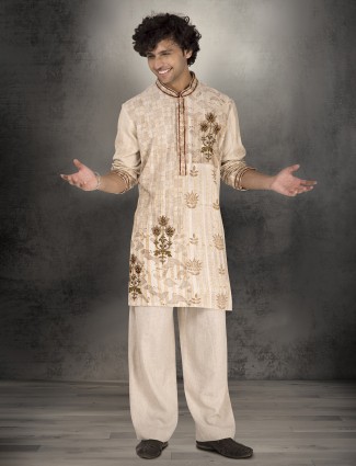 Beige linen cotton kurta suit with thread and cutdana work