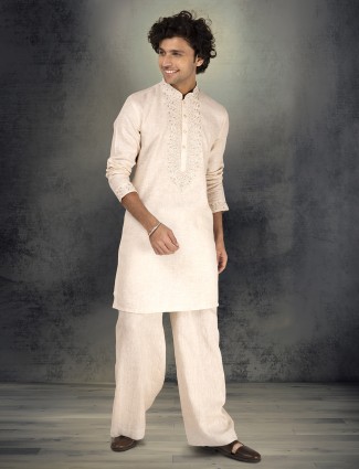 Beige pure linen embroidered kurta suit for men