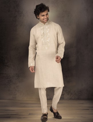Beige pure linen kurta suit with zardosi detailing