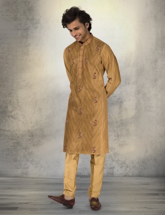 Khaki silk kurta suit with embroidery