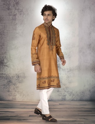 Light brown silk kurta with resham work