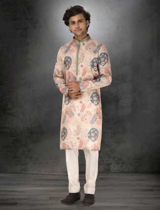 Light pink chanderi silk printed kurta suit for men