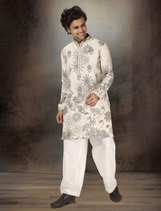 Off white linen cotton printed kurta suit for men festive wear