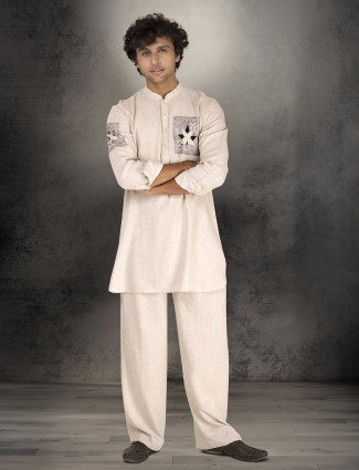 Off white linen cotton printed kurta suit for men