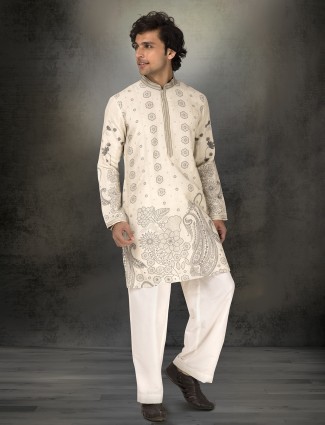 Off white linen cotton printed kurta suit for men wedding wear