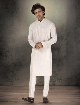 Off white silk embroidered kurta suit