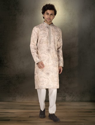 Beige chanderi printed kurta suit for men
