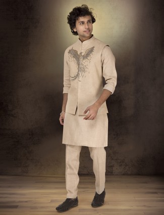 Beige linen stone-embellished waistcoat set