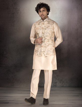 Cream silk printed waistcoat ensemble