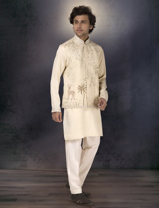 Cream silk resham embroidered waistcoat set