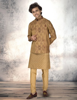 Dark beige munga silk printed waistcoat set