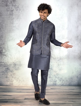 Dark grey silk waistcoat ensemble for men