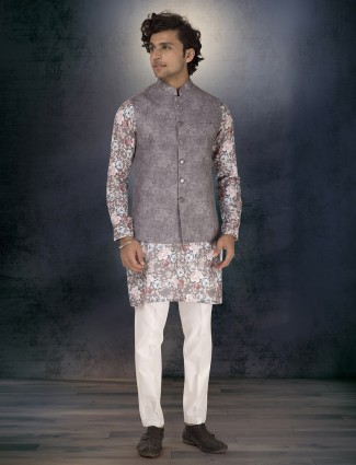 Grey linen cotton printed waistcoat set