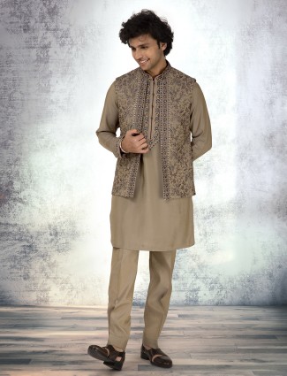 Khaki embroidered silk waistcoat set for men