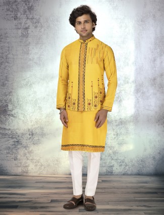 Mustard munga silk block printed waistcoat set