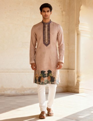 Peach cotton silk festive printed kurta suit