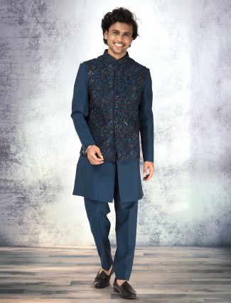 Rama blue silk sequined waistcoat set