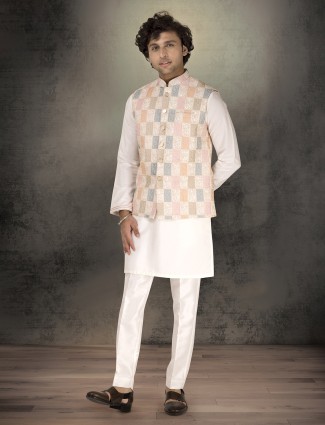 White silk printed waistcoat with thread and sequins