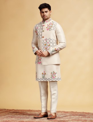 Beige silk thread worked waistcoat set wedding