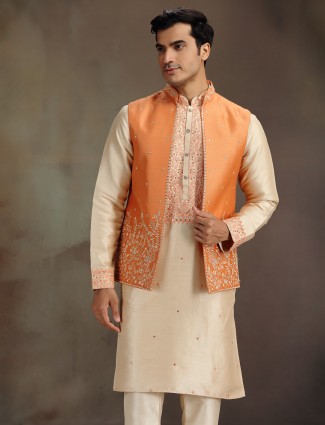 Cream and orange embroidered men waistcoat set