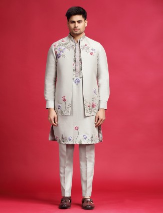 Grey handprinted waistcoat set with luxe cutdana